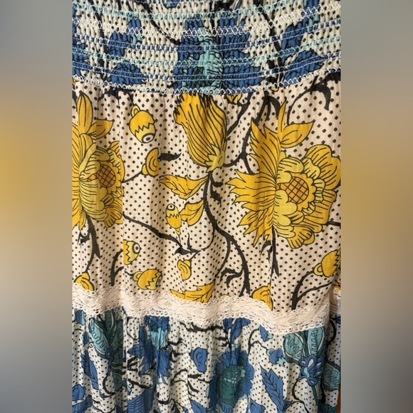 MAGAZINE Strapless Maxi Boho Dress Cotton Stretchy Top Yellow Blue Fuchia SZ M - Picture 4 of 5